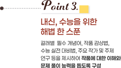 Point 3. 내신, 수능을 위한 해법 한 스푼 갈래별  필수 개념어, 작품 감상법, 수능 실전 대비법, 주요 작가 및 주제 연구 등을 제시하여 작품에 대한 이해와 문제 풀이 능력을 돕도록 구성